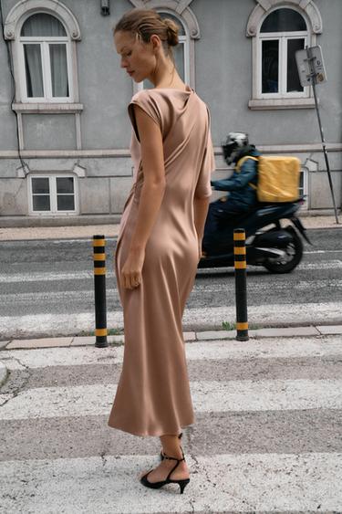 SATIN ASYMMETRIC SLEEVE MIDI DRESS - Mid-camel by Zara - Image 4