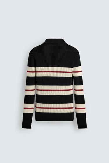 STRIPED JACQUARD KNIT POLO SHIRT - Black by Zara - Image 8