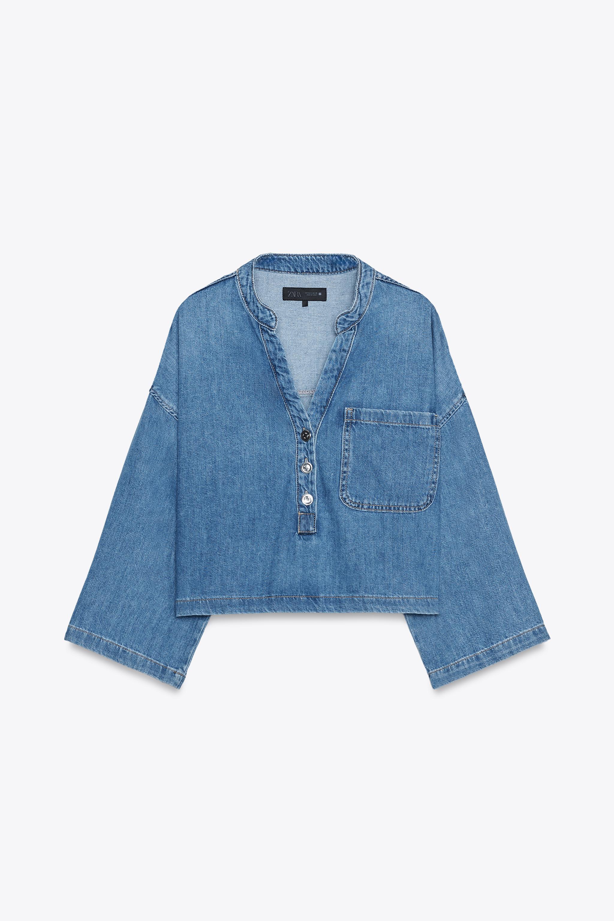 MANDARIN COLLAR DENIM SHIRT - Mid-blue | ZARA United States