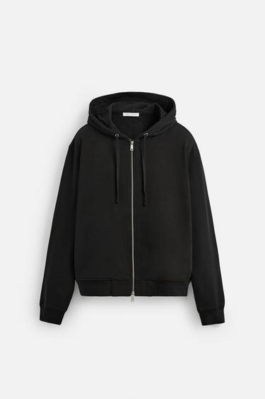 Zara BASIC HOODED ZIP-UP SWEATSHIRT - Black