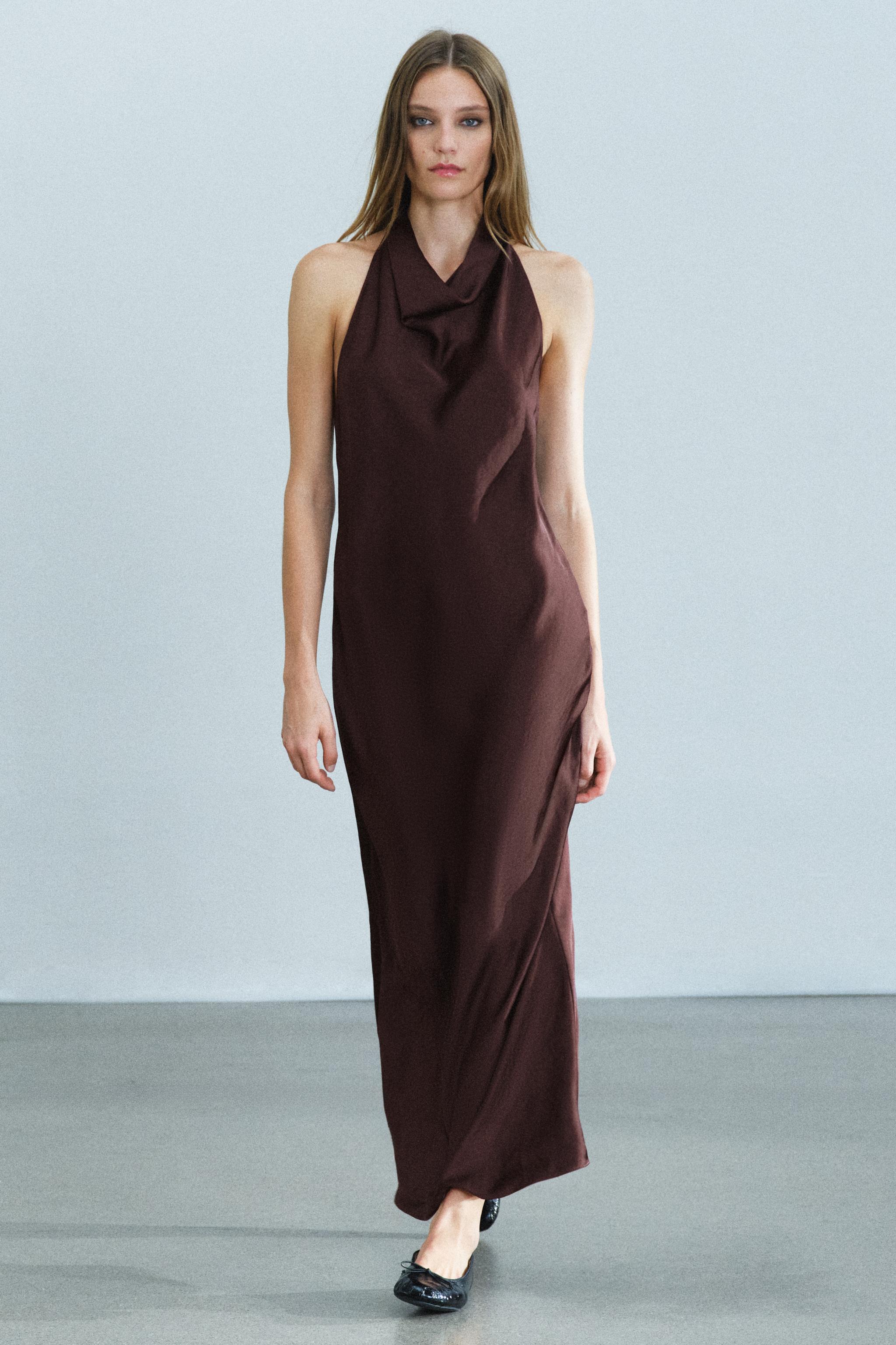 Zara SATEN YÜZEYLİ HALTER MİDİ ELBİSE ZW COLLECTION