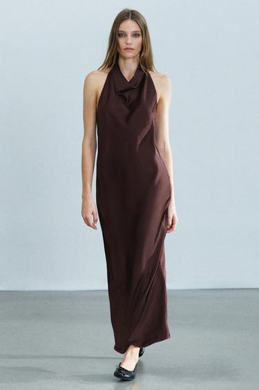 „ZW COLLECTION“ SATININĖ MIDI SUKNELĖ SU „HALTER“ IŠKIRPTE – Baklažano – „Zara“