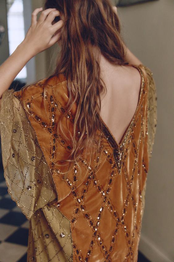 velvet sequin dress zara LIMITED EDITION VELVET, SEQUIN, AND BEADED CONTRAST DRESS - Brick