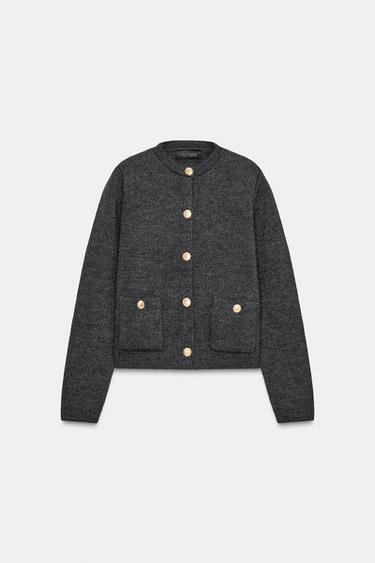 ゴールドボタンニットカーディガングレーZaraのゴールドボタンニットカーディガン - グレー