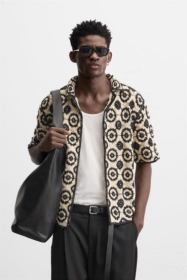 Zara CROCHET TEXTURED SHIRT - Black / White