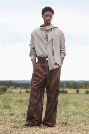 Zara LIMITED EDITION STRIPED WIDE FIT PANTS - Brown / White