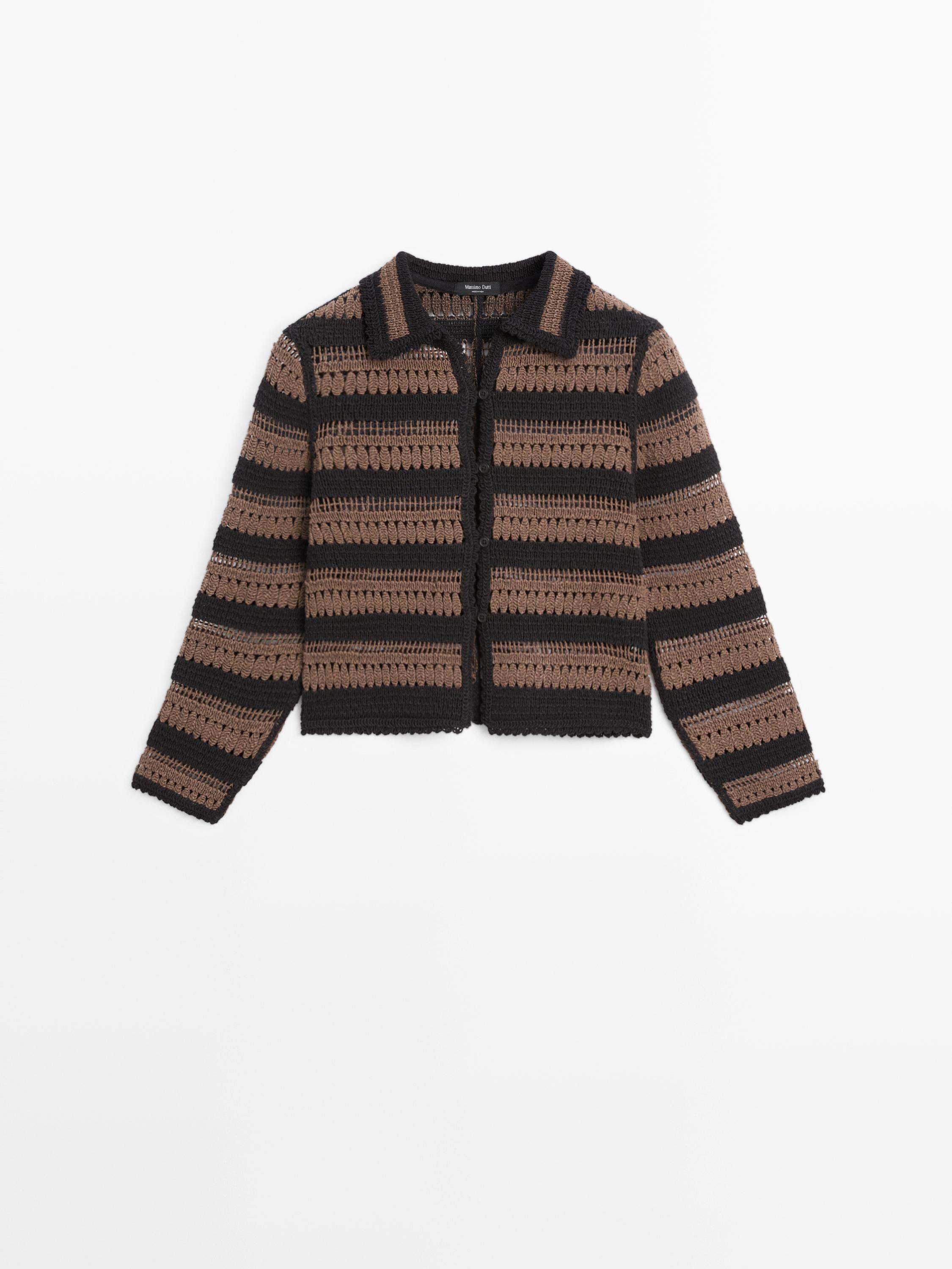 Short striped crochet knit cardigan