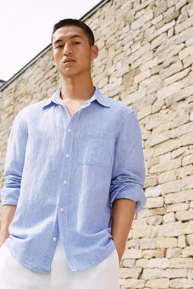 STRIPED REGULAR FIT LINEN/COTTON SHIRT - White / Sky blue by Zara