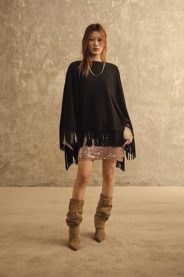 Zara 皮革流蘇斗篷 - 棕色