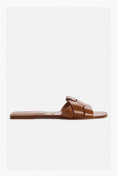 FLAT CRISS-CROSS LEATHER SLIDER SANDALS - Brown by Zara