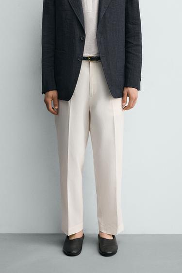 Zara REGULAR FIT VISCOSE - COTTON PANTS - Oyster-white