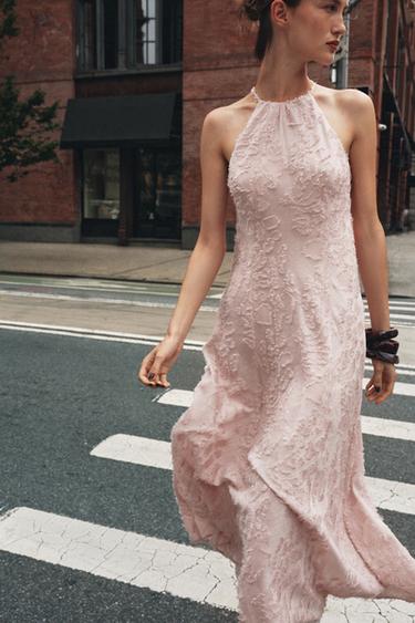 Zara HALTER FRAY MIDI DRESS - Beige-pink