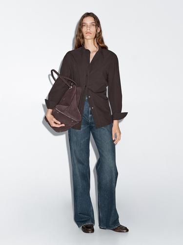 Zara Long 100% cotton poplin shirt - Brown