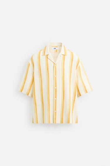 Zara VISCOSE LINEN STRIPED SHIRT - Ecru/Yellow