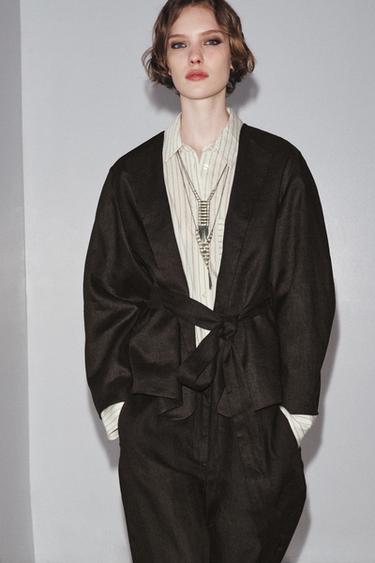 QUIMONO DE LINHO COM CINTO ZW COLLECTION - Marrom da Zara