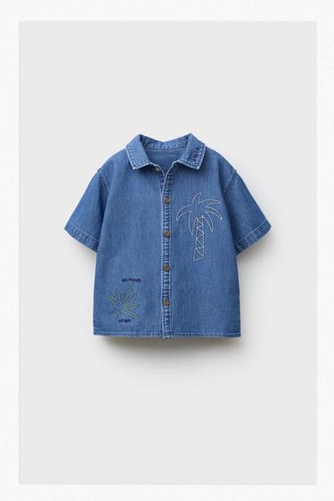 CAMISA DENIM PALMERAS BORDADAS - Azul de Zara
