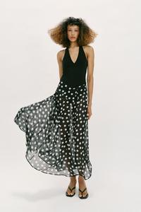 chinese dress ladies Zara Black White Silk Satin Polka Dots Cowl Neck Cami Slip Midi Dress  Brie