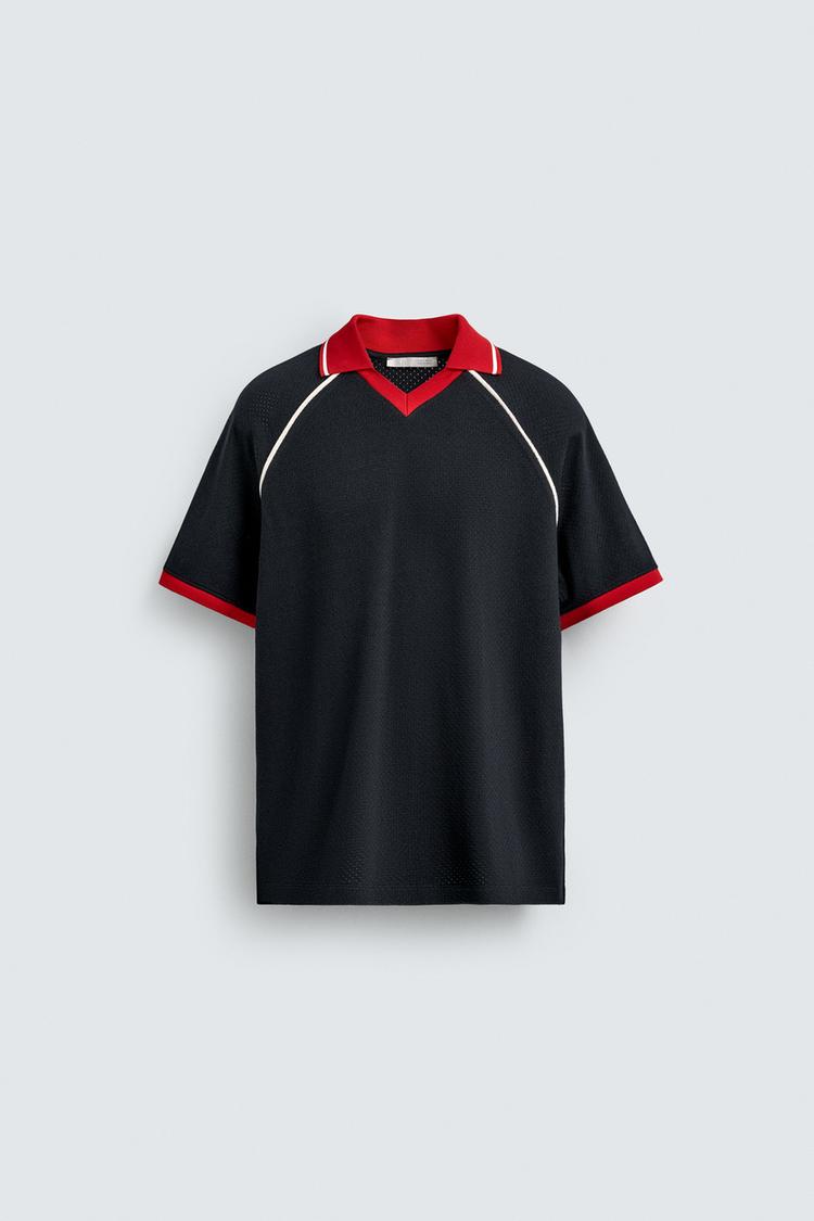 ZARA CONTRAST TRIM TEXTURED POLO SHIRT