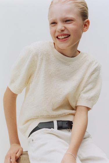 Zara FLORAL TULLE KNIT TOP - Ecru