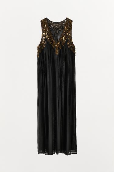 PLEATED GEORGETTE SEQUIN DRESS - Black by Zara