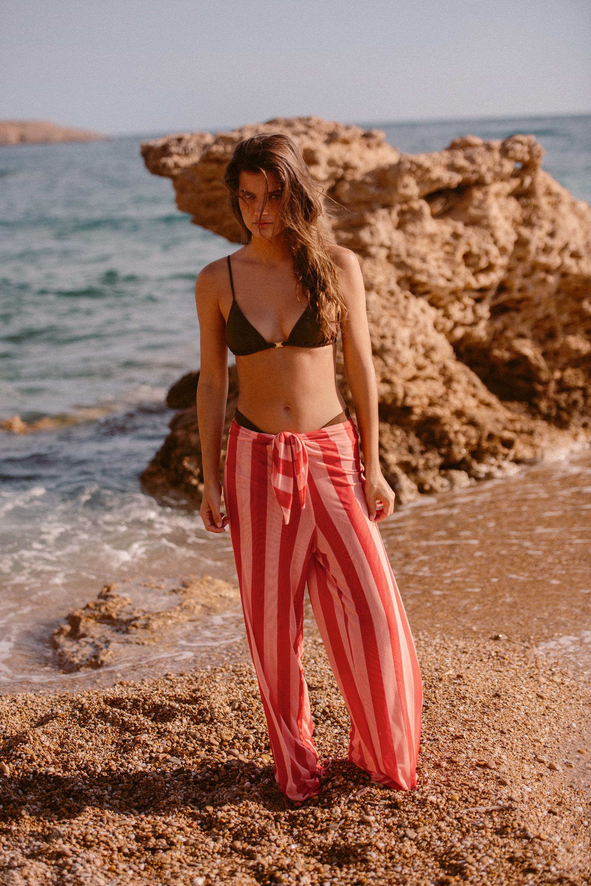 STRIPED TULLE PAREO PANTS — Red / Coral
