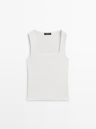 Camiseta sin mangas escote cuadrado - Blanco roto de Zara