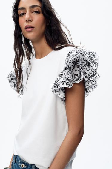 T-SHIRT WITH CONTRAST EMBROIDERY - White by Zara - Image 2