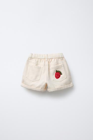 TWILL BERMUDA SHORTS WITH CROCHET STRAWBERRIES - Ecru by Zara - Image 1