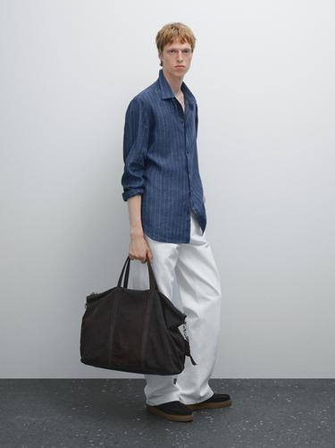Zara Slim fit striped 100% linen shirt - Mid-blue - Image 0