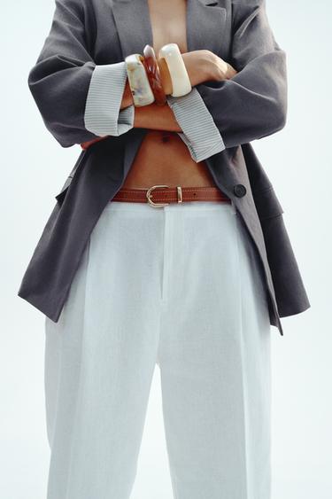 LINEN BELTED STRAIGHT-LEG TROUSERS - Oyster-white by Zara