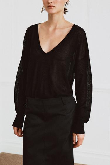 Zara FINE KNIT V-NECK JUMPER - Black