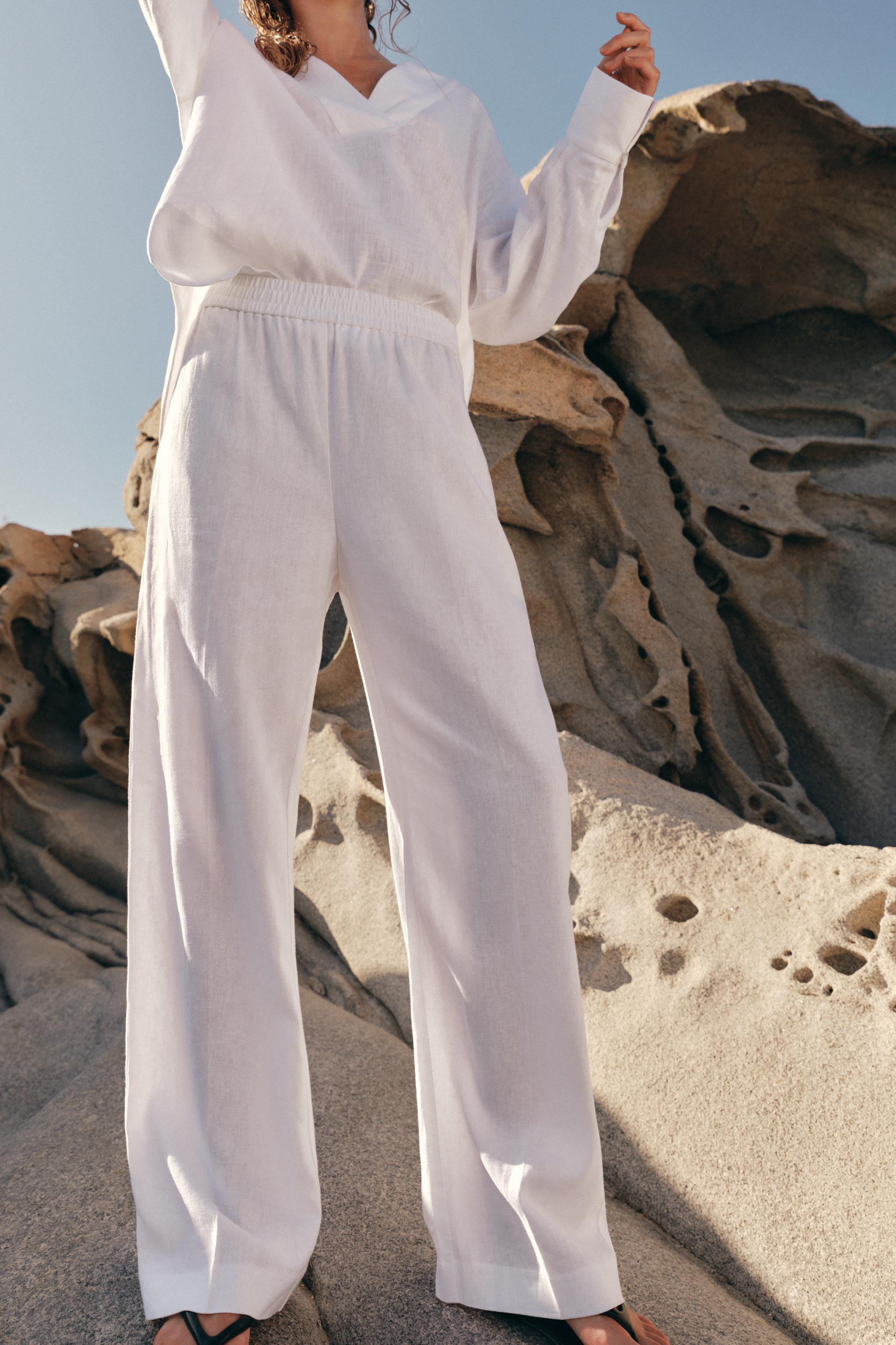 LINEN STRAIGHT LEG PANTS — Oyster-white