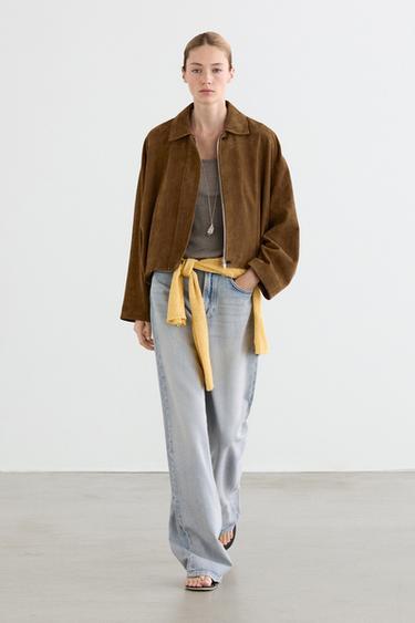 Zara Short suede leather bomber jacket - Brown - Image 0