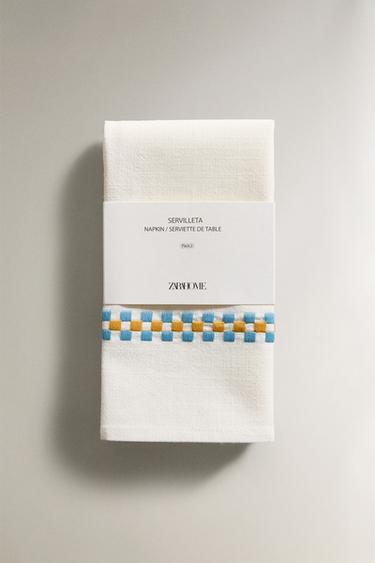 PACK OF COTTON NAPKINS WITH MULTICOLOURED BORDERS (PACK OF 2) - White / Green by Zara - Image 4