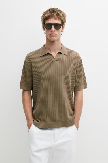 Zara 100% cotton ribbed knit polo sweater - Dark khaki