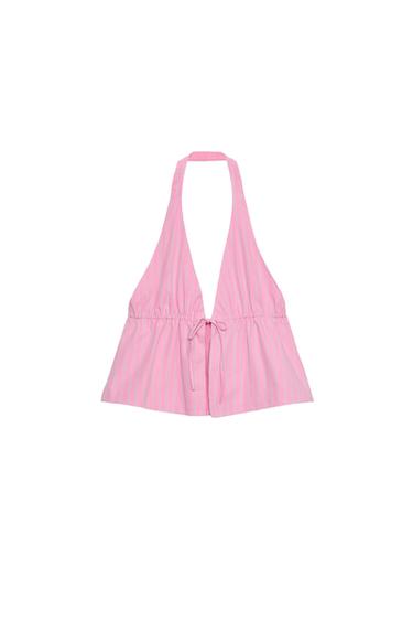 STRIPED POPLIN HALTER TOP - Pink / White by Zara