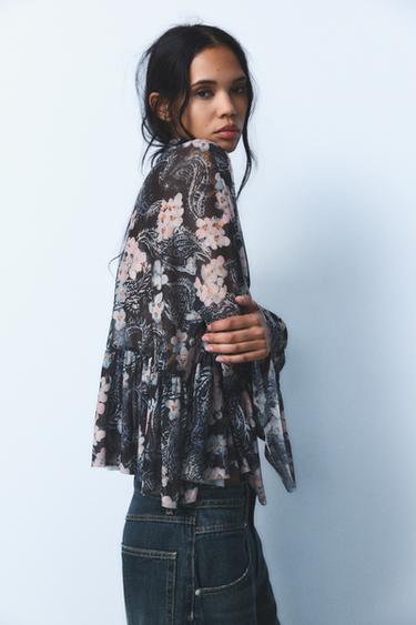 PRINTED TULLE BLOUSE - Black / Sand by Zara