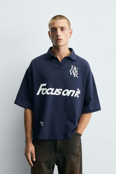 Zara RETRO FOOTBALL PRINT POLO SHIRT - Navy blue