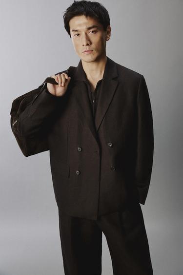 DOUBLE-BREASTED 100% LINEN SUIT BLAZER - Brown by Zara - Image 4