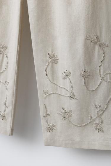 BEADED WIDE-LEG TROUSERS WITH LINEN BLEND AND COTTON - Sand by Zara - Image 3