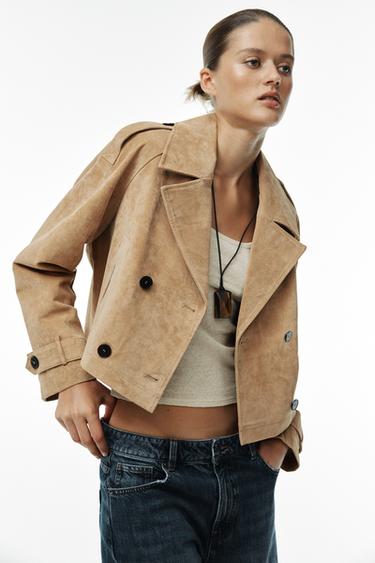 Zara 100% LEATHER SHORT TRENCH JACKET - taupe brown