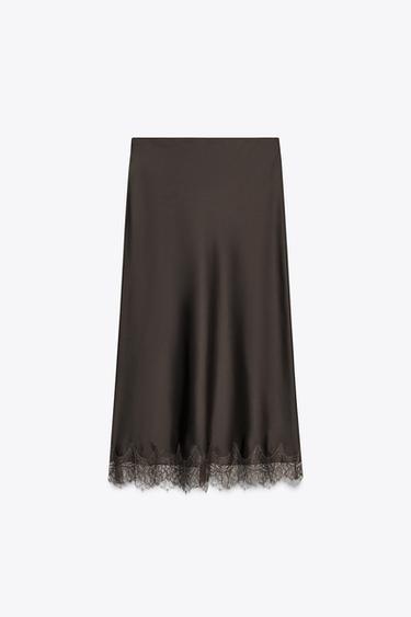 LACE SATIN MIDI SKIRT - Chocolate brown by Zara - Image 7