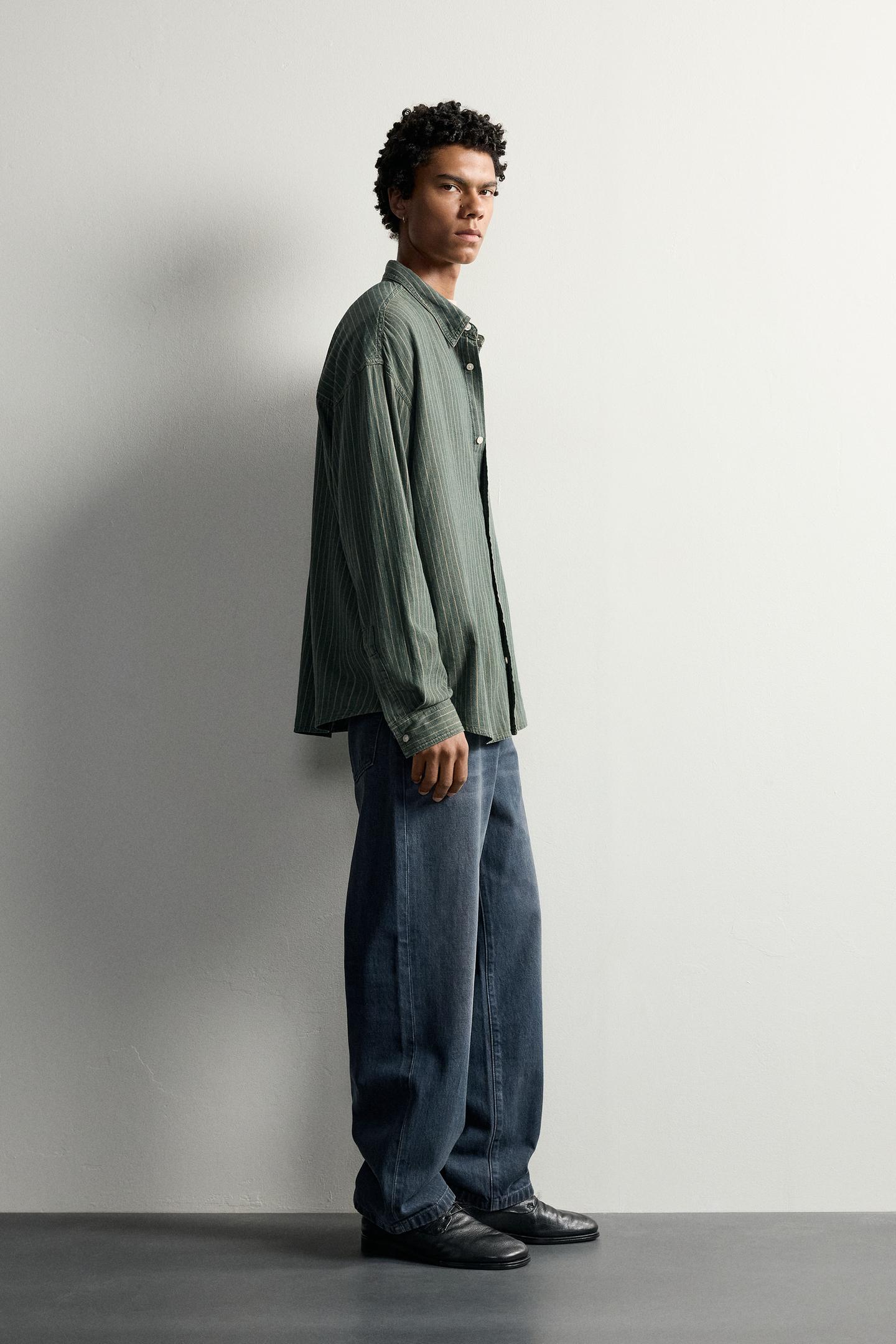 Мужская рубашка Zara Relaxed Fit Striped, цвет: Зелёный / Синий — фото 4