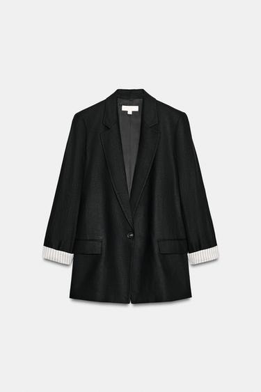 BLAZER WITH LINEN ROLLED-UP SLEEVES - Black by Zara