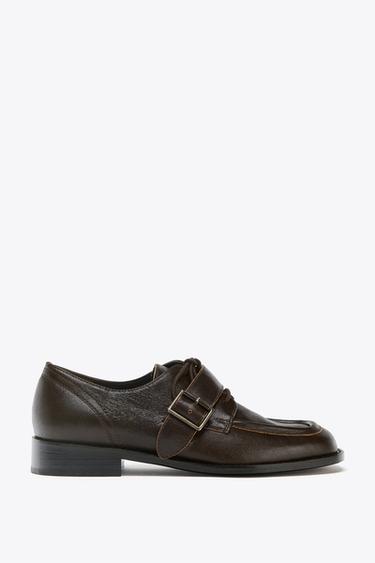 Zara LEATHER BUCKLE LOAFERS - Brown - Image 0