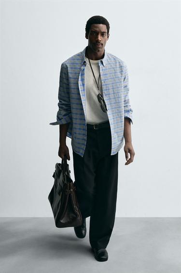 CHEMISE À CARREAUX COL BOUTONNÉ - Bleu de Zara - Image 7