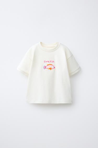 Zara FISH EMBROIDERY T-SHIRT - Ecru