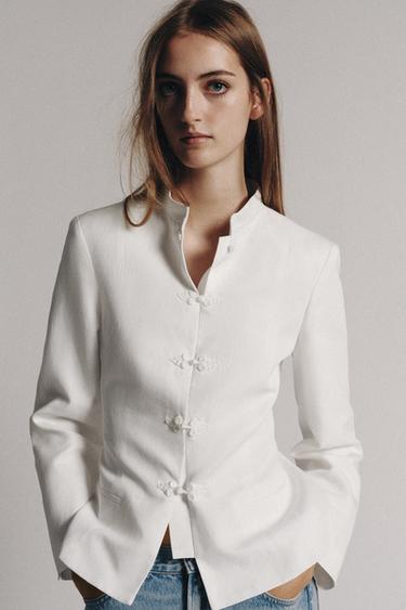 Zara ZW COLLECTION 盤扣荷葉邊西裝外套 - 磨白色