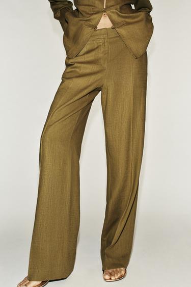 PANTALON DROIT AVEC LIN - Vert huile de Zara