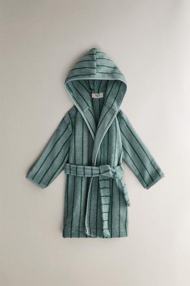 LARGE VELOUR BATHROBE WITH STRIPES - Blue by Zara